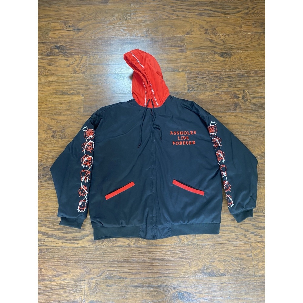 As holes Live Forever Black Red Rose Barbed Wire Hooded Quilted Bomber Jacket XL